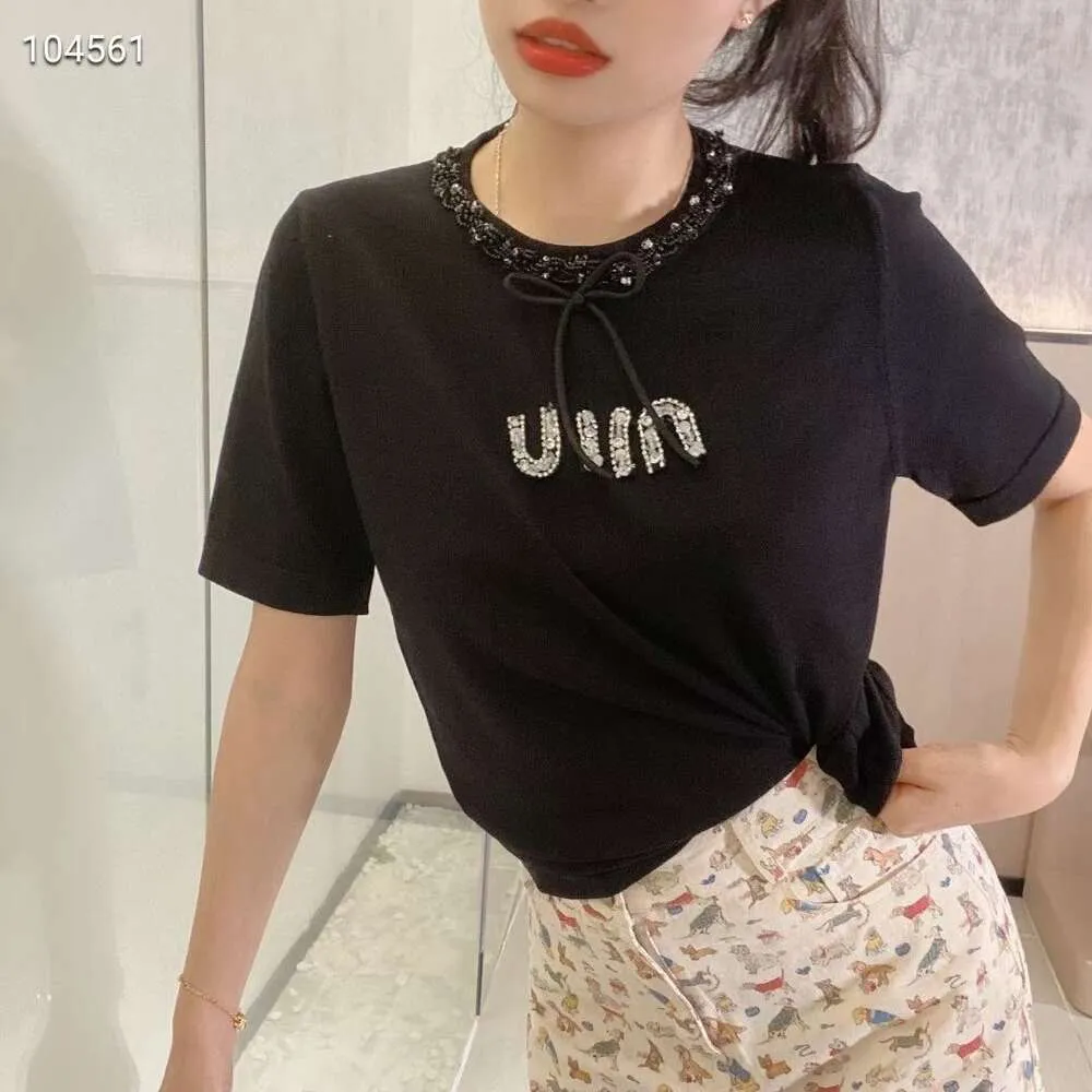 Women's Knits & Tees Mm23 Spring/summer Heavy Industry Nail Bead Letter Small Design Knitted Short Sleeved Top for Versatile