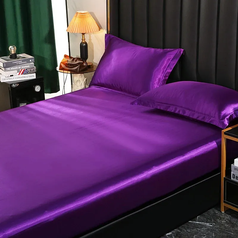 Gömme sayfa üst düzey saten yatak örtüsü düz renkli lüks elastik bant tabakası çift kraliçe yatak sayfası 240401