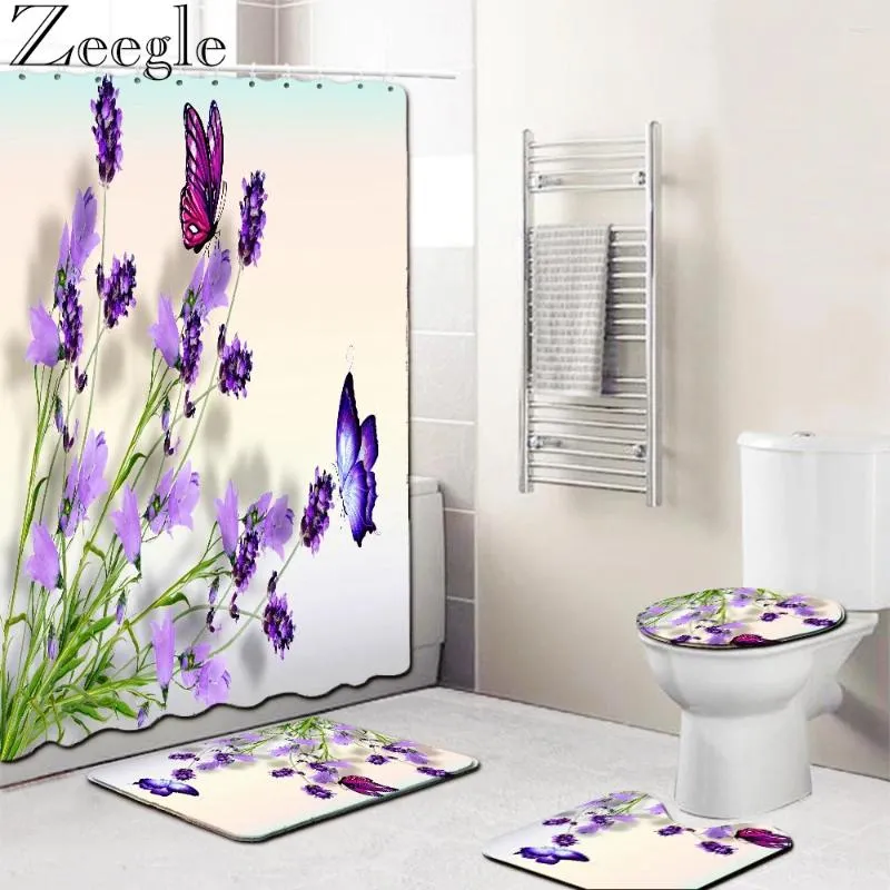 Bath Mats Zeegle 3D Floral Printed Microfiber Mat With Waterproof Polyester Shower Curtain Toilet Floor Water Absorbing Rugs