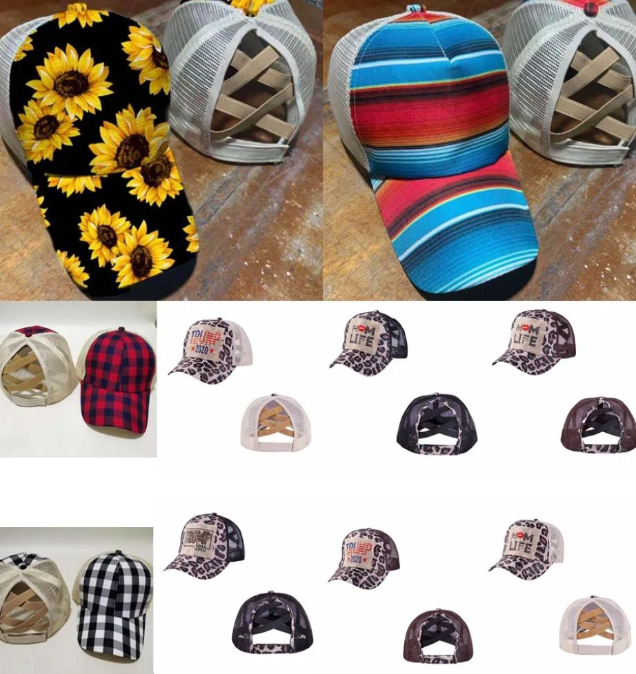 Criss Cross High Ponytail Hat Washed Sunflower Baseball Cap Messy Buns Trucker Caps Plaid Leopard Hats Snapback Trump Mesh Hats GG2283947