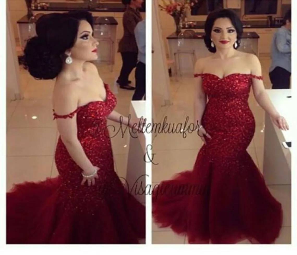2019 Elegant Dark Red Formal Sirène Robes de soirée de l'épaule Sexy Backless Pageant Robes de bal brillantes Slim Party Dr8132516