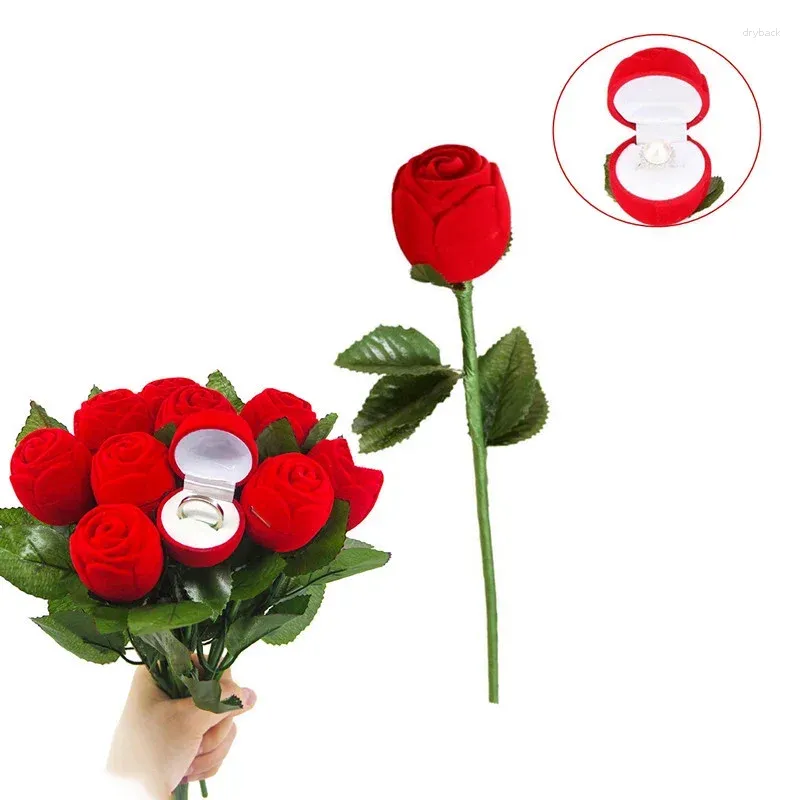 Smyckespåsar sammet ring box romantisk bröllopshållare med blommor stam röd rosengagemang förpackning fall 1 st