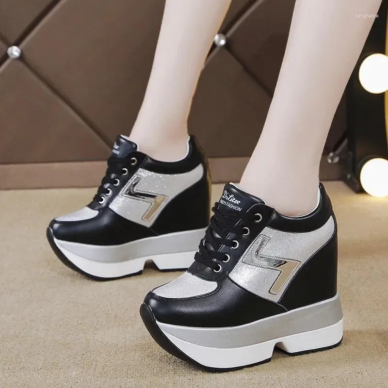 Casual Shoes Women Sneakers Leather Platform Trainers Chunky 10CM Heels Autumn Wedges Breathable Height Increasing Woman