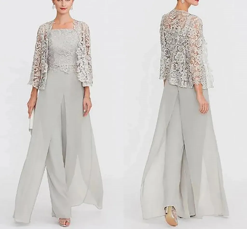 Duas peças Jumpsuits Mãe dos vestidos da noiva com jaqueta de renda Sier Gray Chiffon Long Evening Party Festes Pantsiits Plus Size Wedding Guest Wear