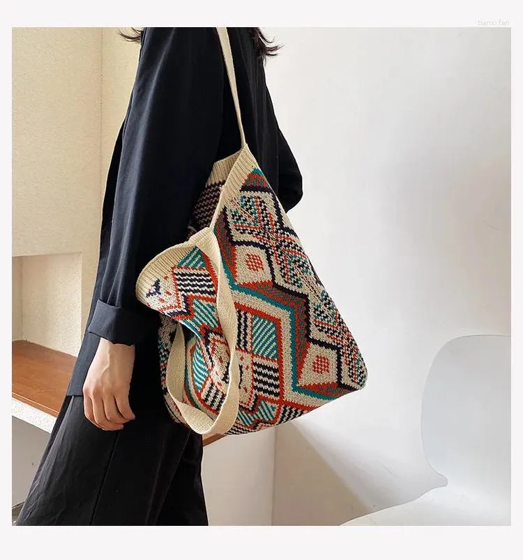 Bag Lady Knitting Gypsy Bohémien Boho Chic Aztec Tote Women Woolen Wooline Open Shopper Top-Handle 2024 Female Daily Borse