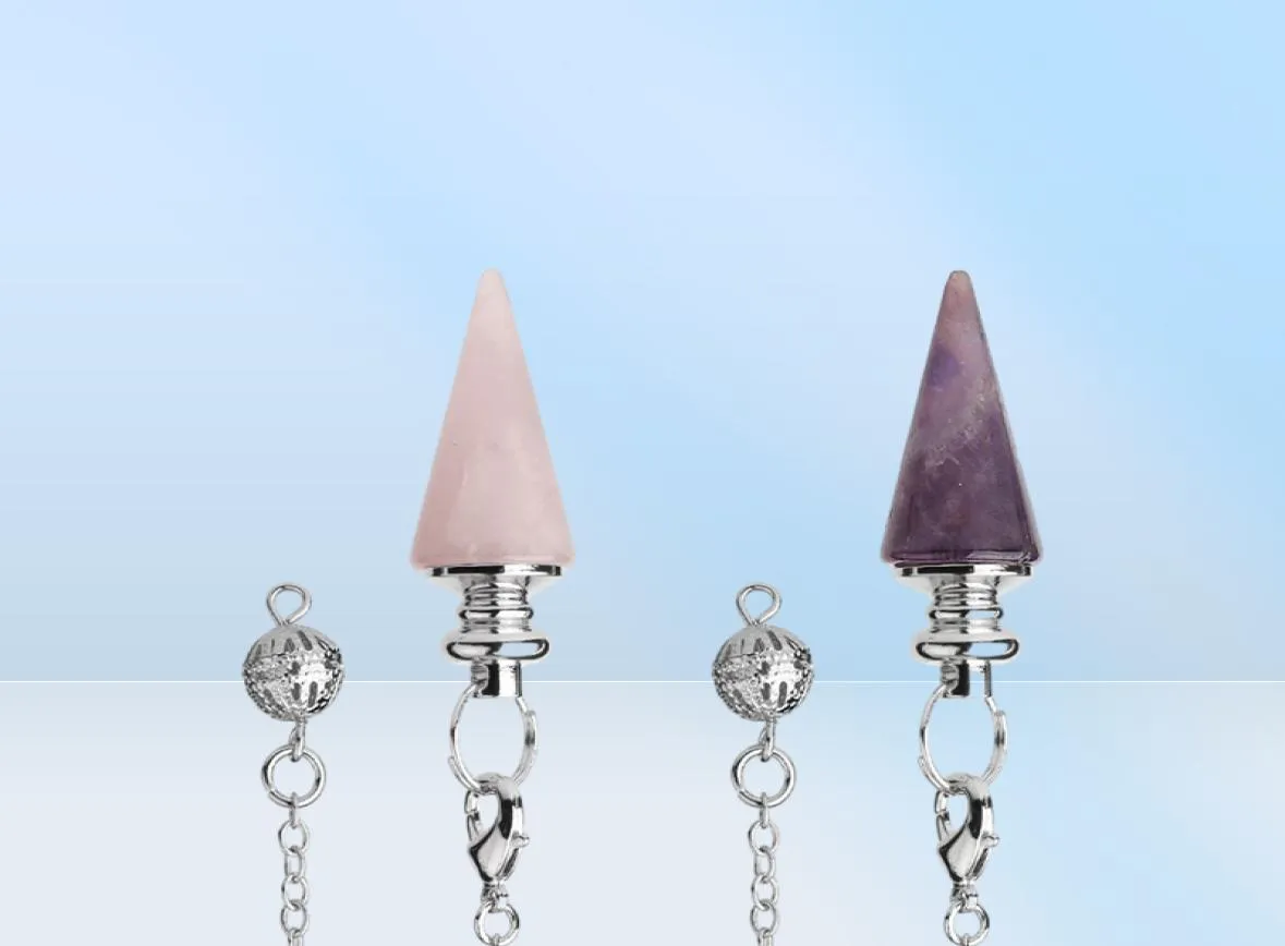 CSJA Conical Pendulum Natural Stone Taper Pendulums Silver Color Chain Crystal Pendants for Dowsing Spiritual Reiki Healing Jewelr6824614