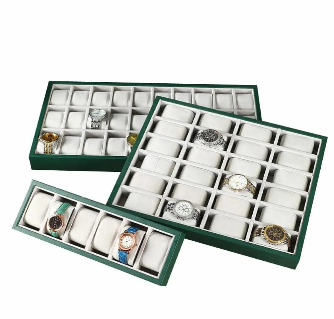 NEU GREEN PU Leder Uhren -Display -Tablett 6122430 Grid Watch Display Aufbewahrungsrequisiten Uhren -Display Shelf4436028