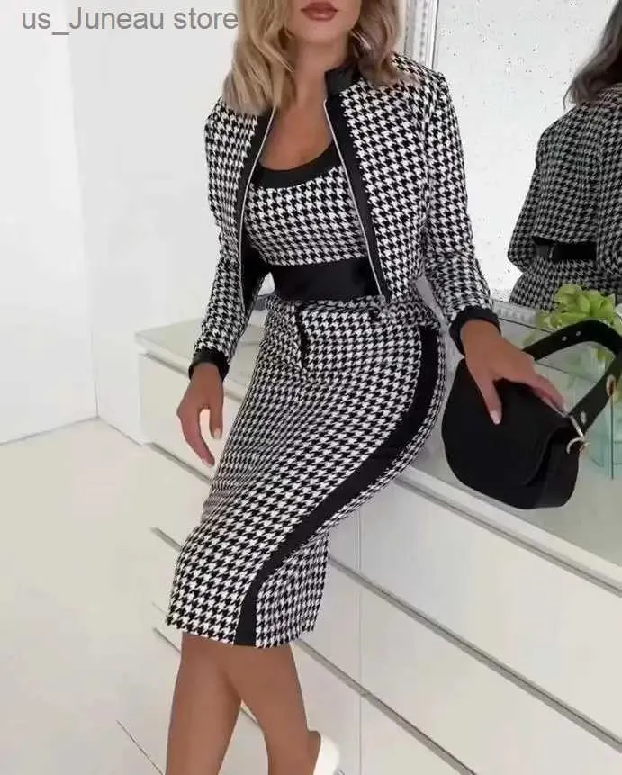 Basic Casual Dresses 3 Two Piece Set For Women Autumn Winter Spaghetti Top And Skirt Sets Elegant Office Houndstooth Print Dress With Coat Suit 1 T240415
