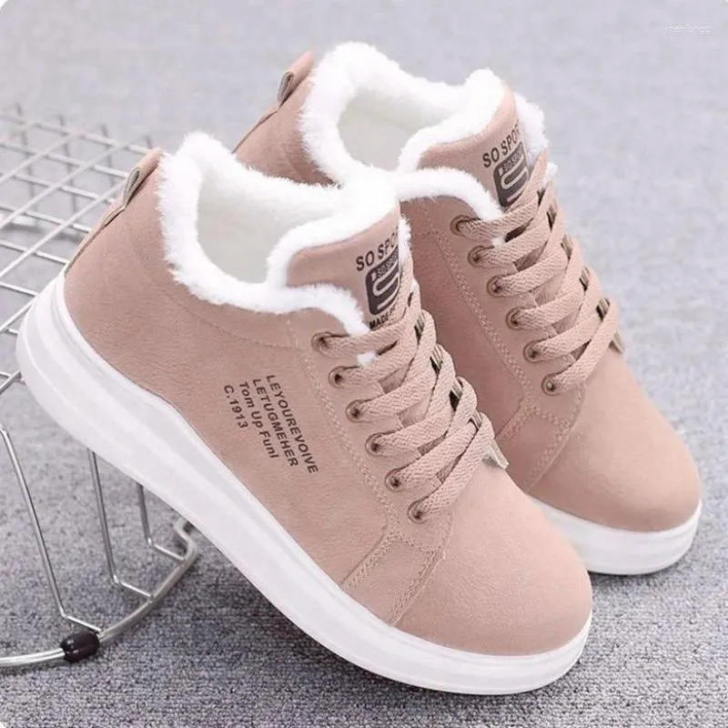 Casual Shoes Women Ankle Boots Warm PU Plush Winter Woman Sneakers Flats Lace Up Ladies Short Snow Botas