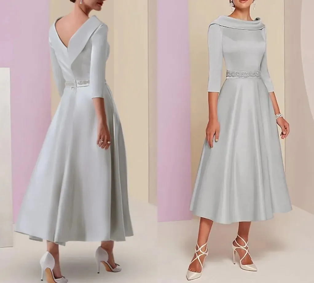 Sier Grey A Line Mother of the Bride Dress V Back Plus Size Wedding Guest Wear Elegant Bateau Neck Tea Length Satin 3/4 Sleeve Formal Evening Gowns