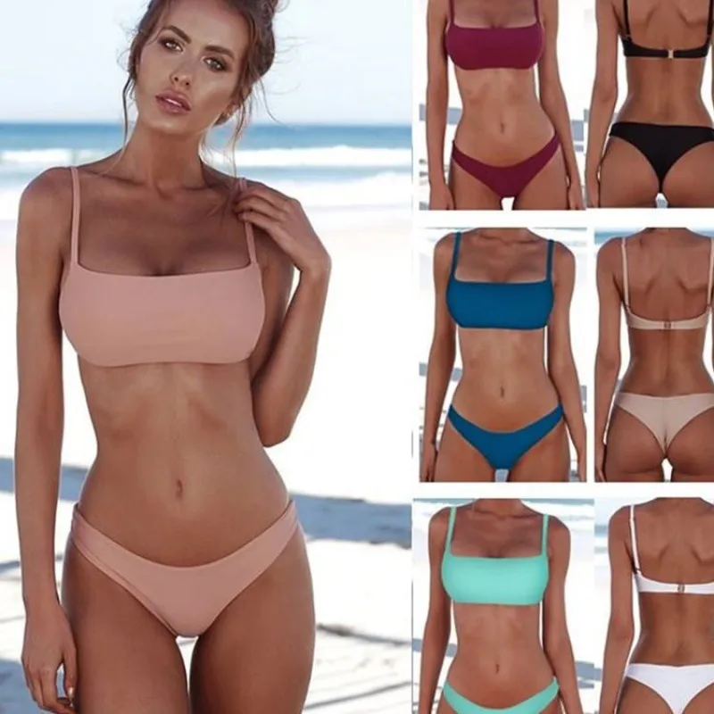 Women's Bikini Sets Two Piece Swimwear Summer Swimsuit low Cut Bathing Suit Sexy Solid color Shoulder Strap Bikini Set