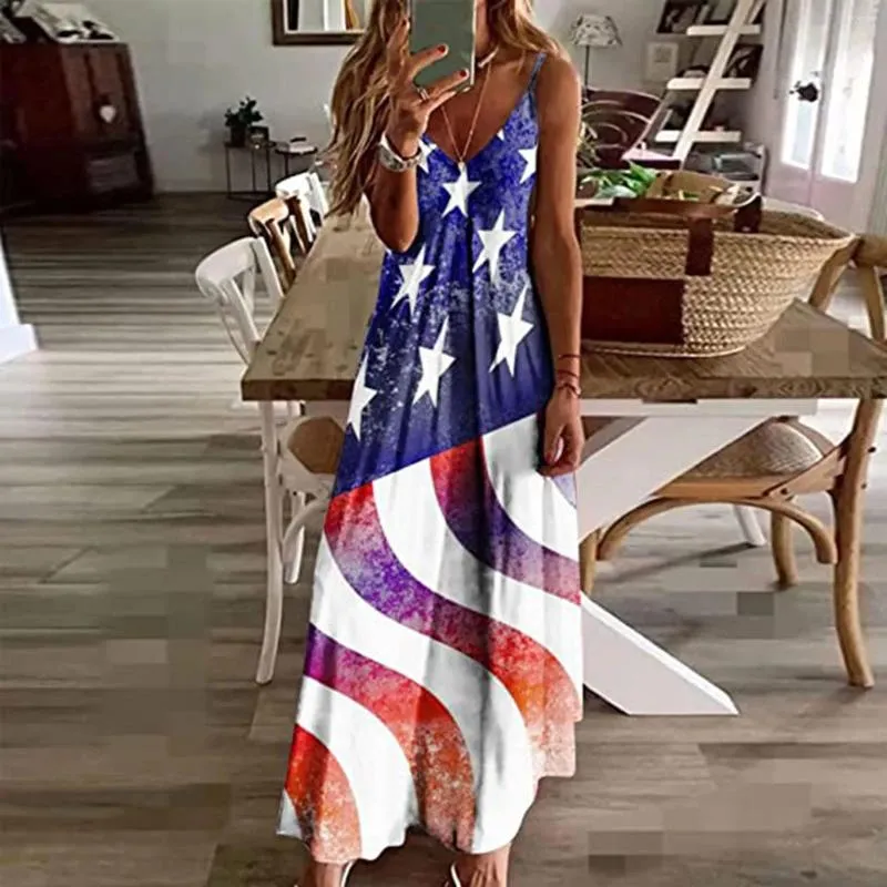 Robes décontractées Jour de l'indépendance Femmes Summer Maxi Robe Sexy Sexe sans manches V Neck Long American Flag Print Holiday Beach