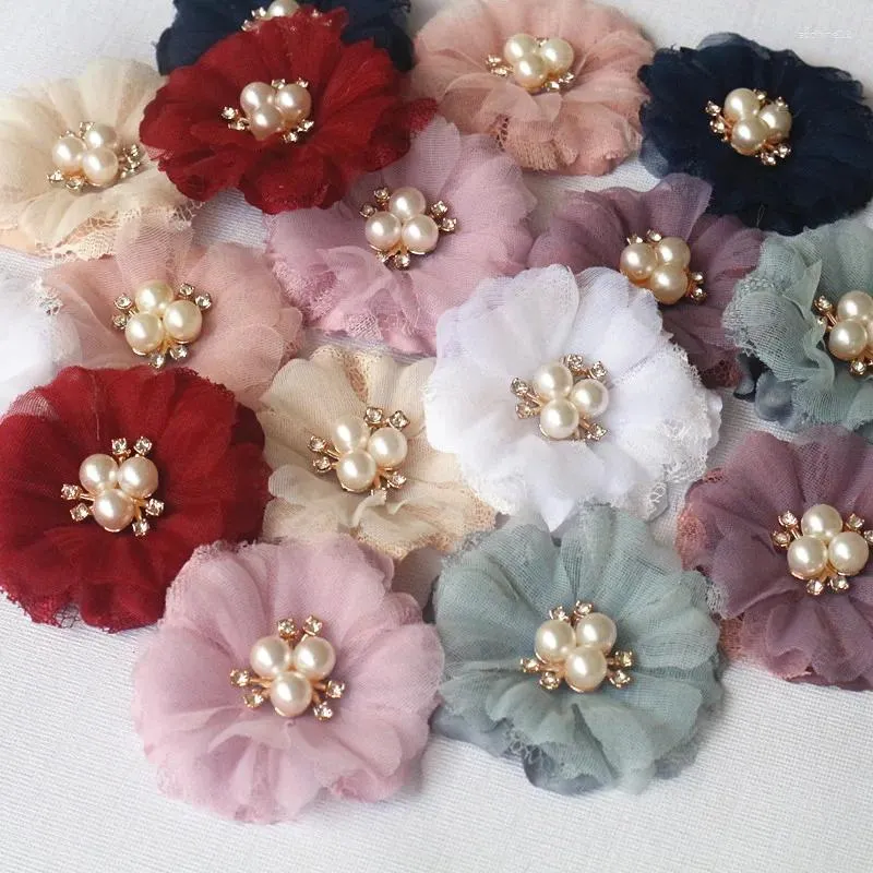 Decorative Flowers 10PCS/Lot 6CM Pearl Center Lace Gauze Hair Accessories DIY Wedding Dress Clothing Hats Shoes Decorations