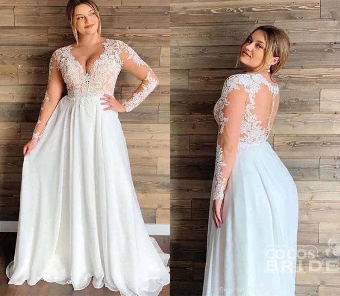 Plus Size Special Occasion Dresses Sheer Long Sleeve Lace Appliques V Neck Chiffon Long Summer Beach Boho Bridal Gowns Evening Pro4507837
