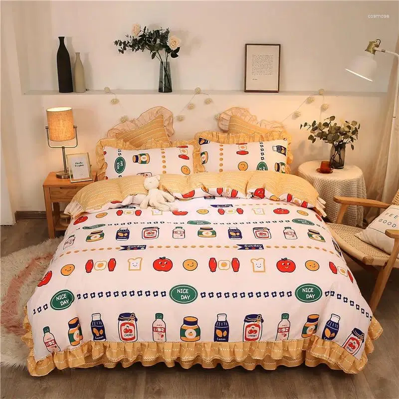 Beddengoed sets Koreaanse stijl mooie patroonset 3-4 pcs zacht katoenen bedrok Rekter Cover Pillowcase voor kinderen meid