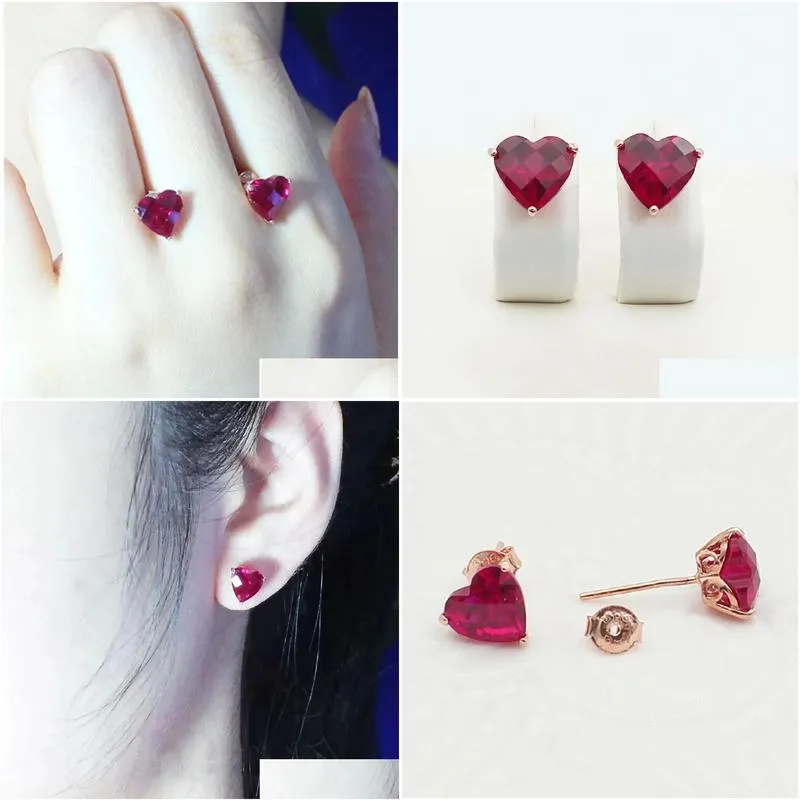 Stud 585 Purple Gold 14K Rose Heart Ruby Earrings For Women Romantic Light Luxury Ear Studs Engagement Jewelry Drop Delivery Dhoz7