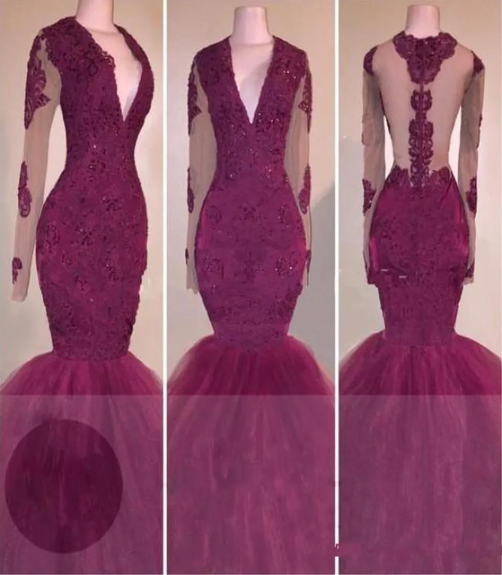 Sexy Rark Red Lace Prom Dresses Long Sleeves Mermaid 2K 17 African Formal Evening Gowns Illusion Black Girls Pageant Dress4321790