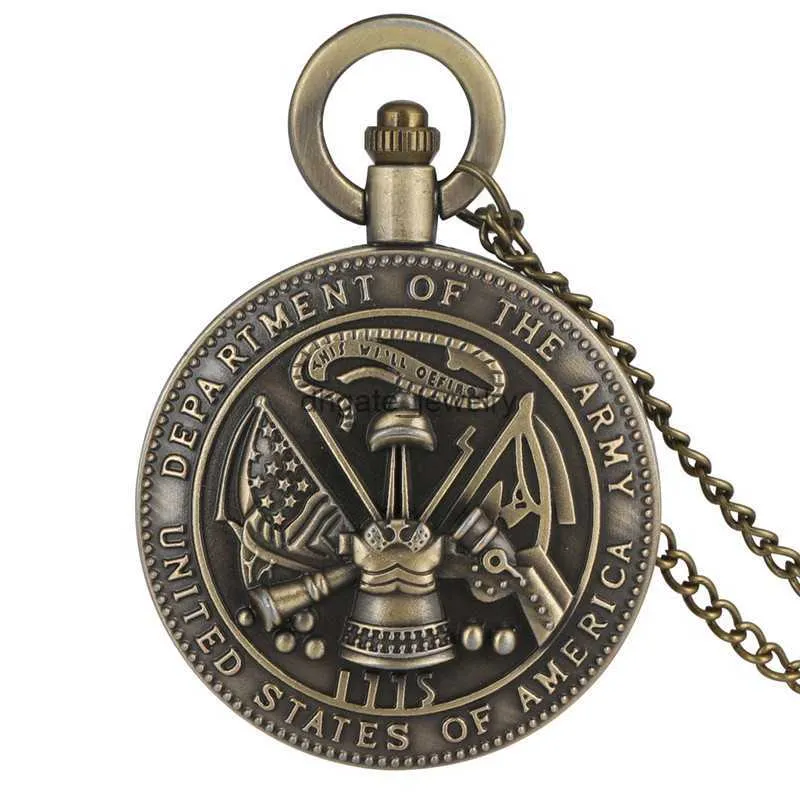 Bronze vintage Les États-Unis Department of Army Pocket Watch Men Women Women Quartz Analog Horloge avec une chaîne de collier Reloj de Bolsillo