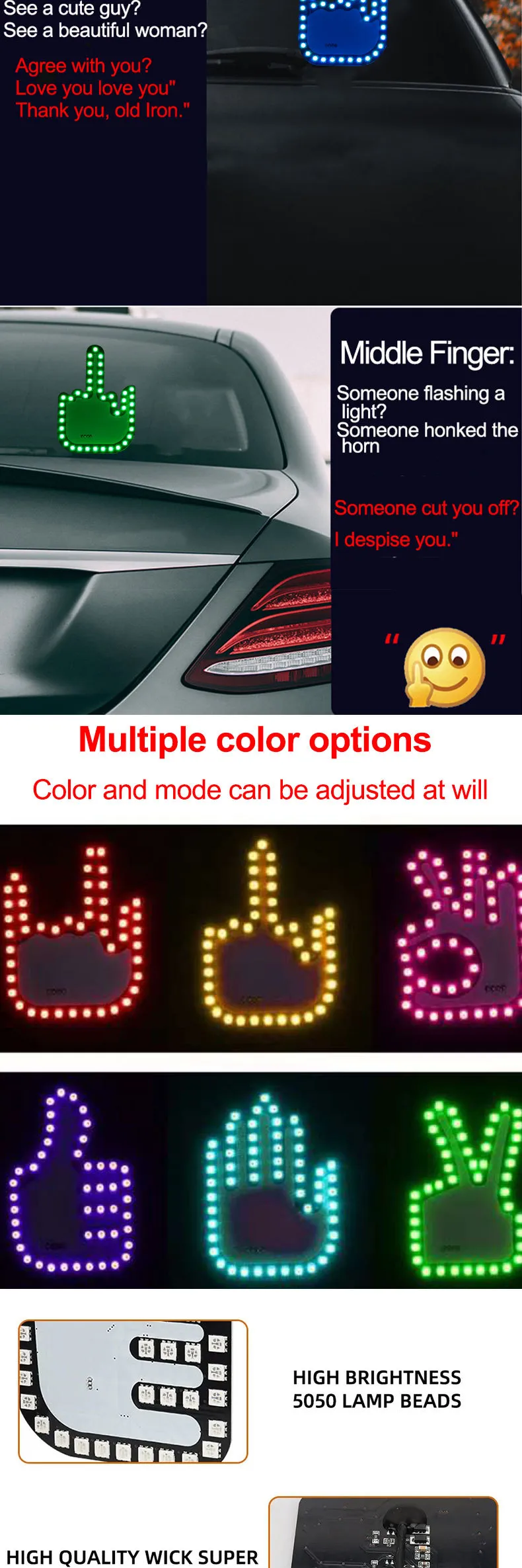 Luce LED A Dito Medio Per Auto &ndash; Telecomando, Decorazione 12V Con Gesto