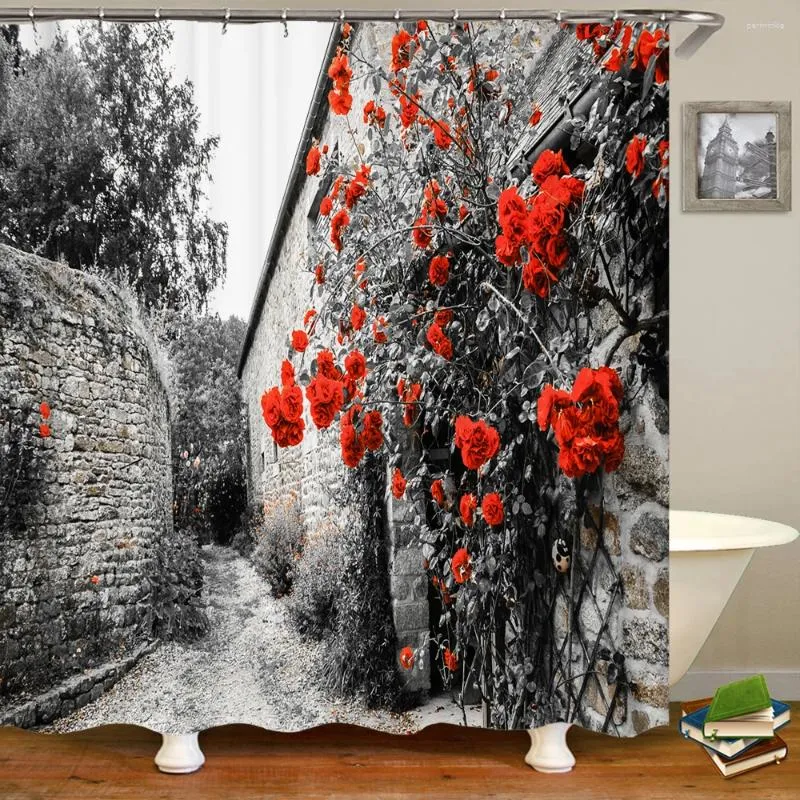 Shower Curtains Flower Rose Scenery Printed Curtain Waterproof Bathroom With Hooks Polyester Fabric Bath Decor