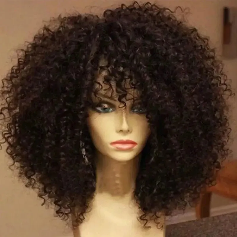 Parrucche per capelli ricci afro da 16 pollici con frangiflutti morbidi fluttuanti sintetici non nessuna parrucche in pizzo per cosplay party usa quotidianamente 240412