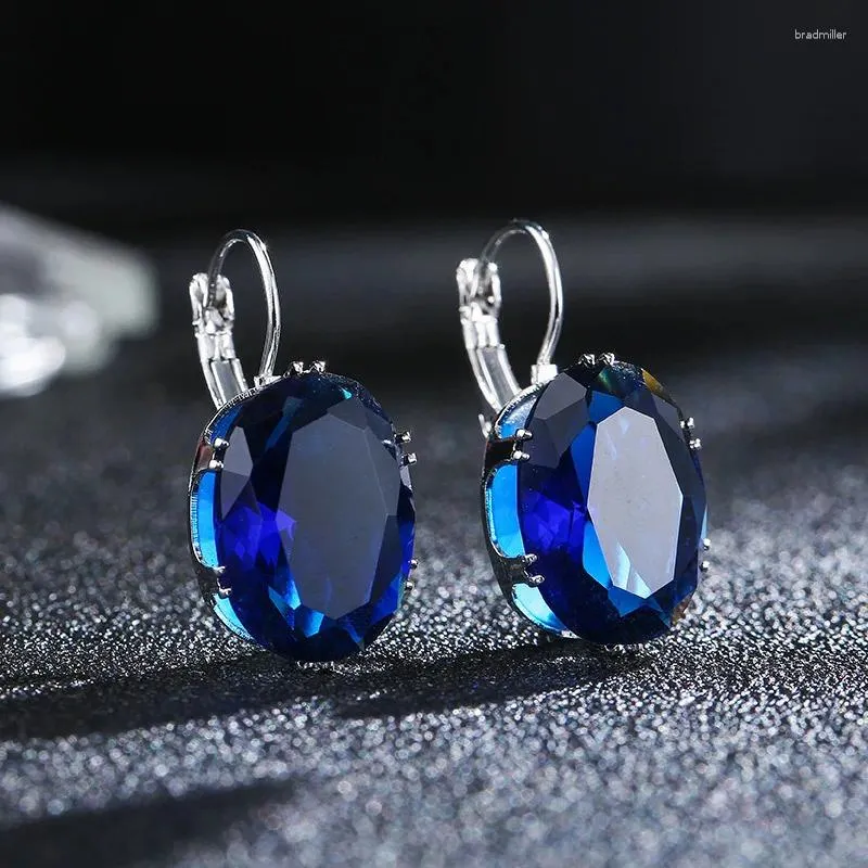 Kolczyki Dangle Piękne owalne niebieskie klejnoty kryształowy srebrny cyrkon kropla ślubna przyjęcie biżuterii ślubnej