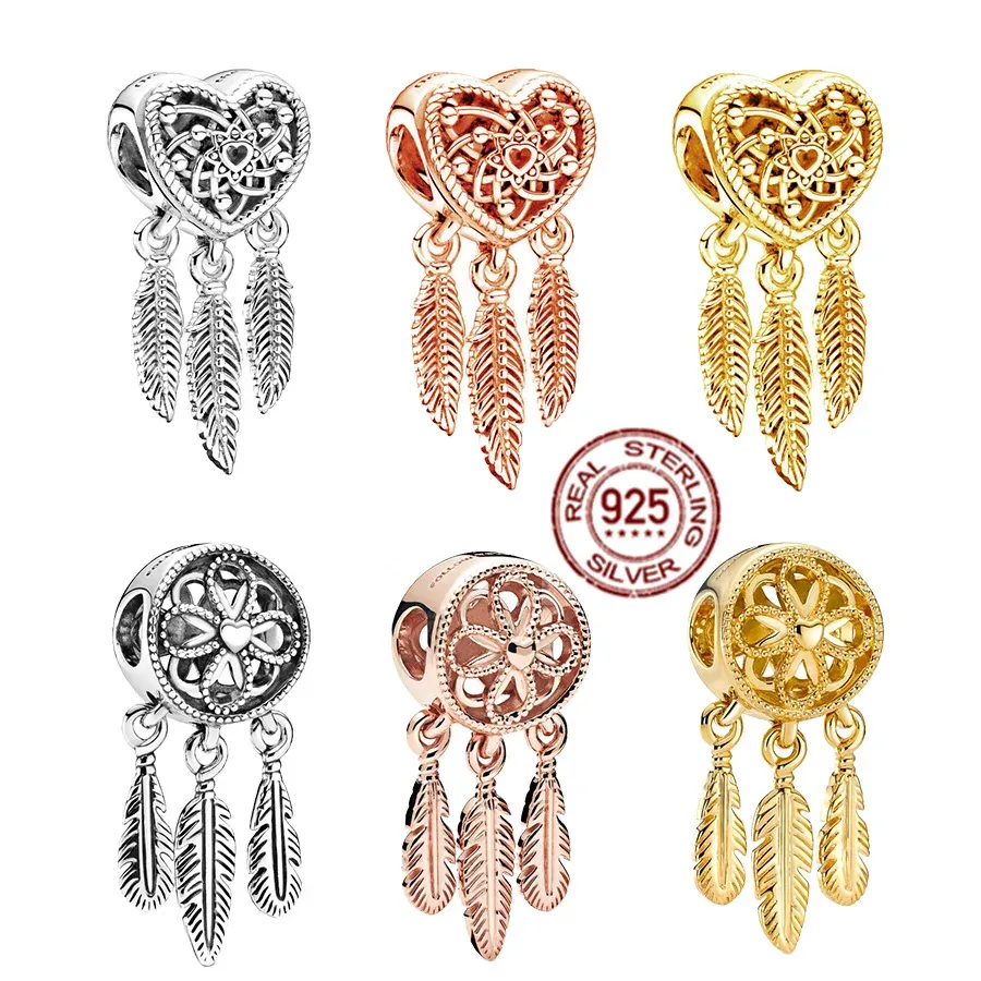 925 Sterling srebrne różowe złoto Pleted Open Peathers Dreamcatcher Charm Bead Fit Oryginalny prezent biżuterii bransoletki