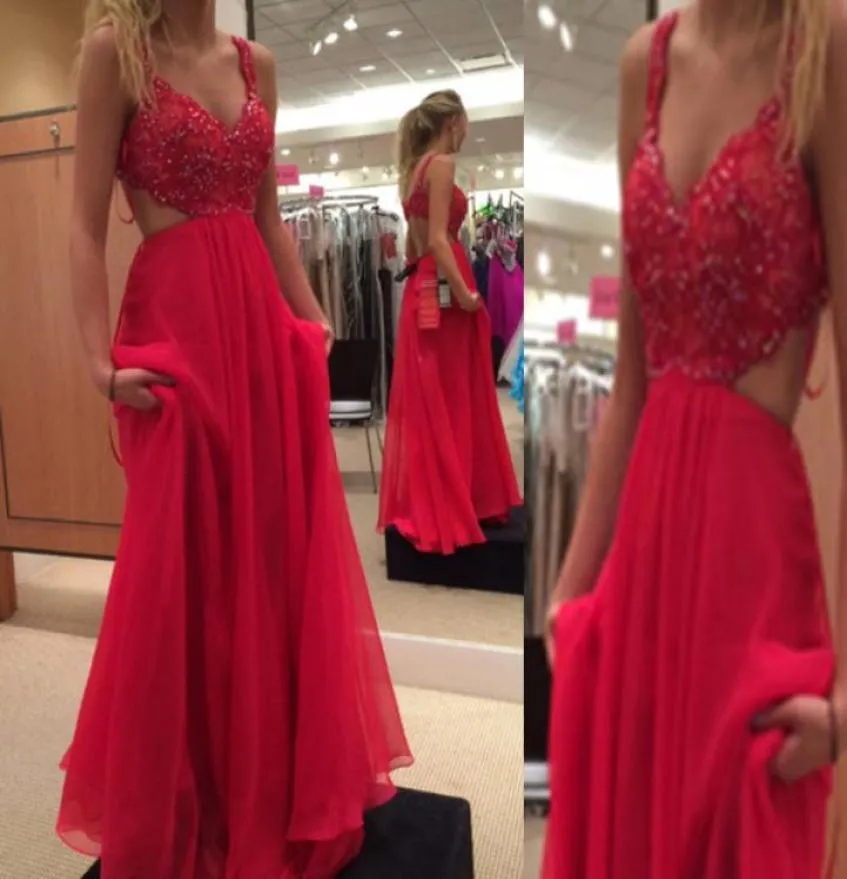 Stunning Prom Dress Long Formal Sexy Open Back Evening Party Wear Beaded Lace Top Cut Out Hollow Back Floor Length Chiffon Dresses6074011