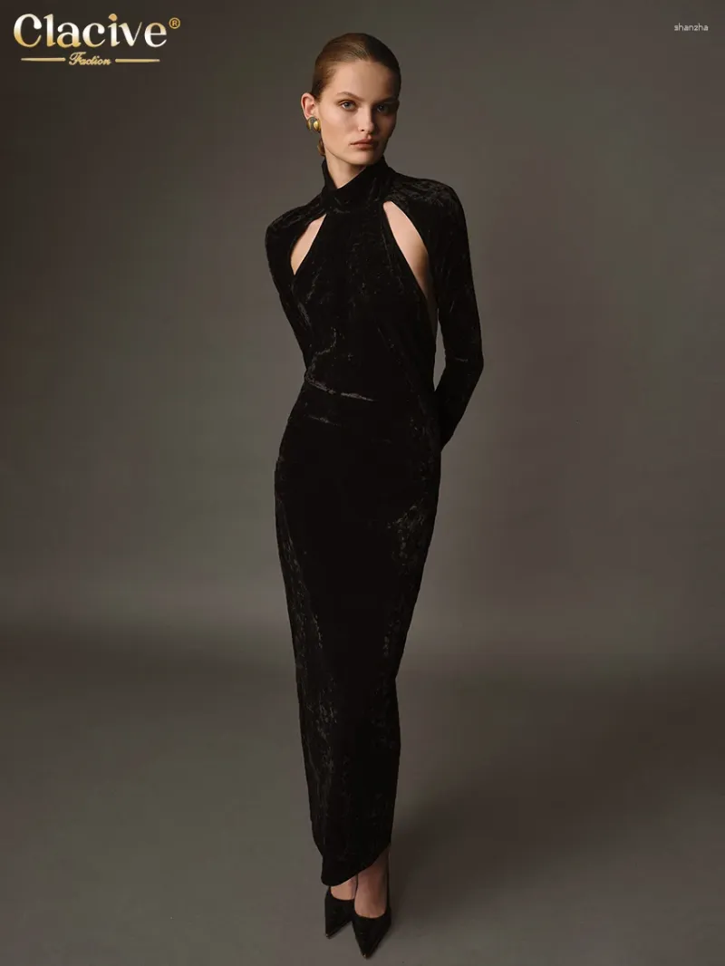 Casual jurken Clacive Sexy Slim Black Velvet Dress Bodycon Stand kraag lange mouw enkellengte elegante holle feestvrouw
