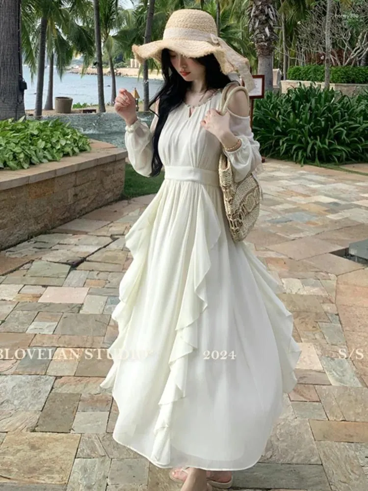 Casual Dresses 2024 Summer Ruffles Women Cute Japanese Korean Design Holiday Date Romantic Temperament Lady Beaded Vintage Dress Long