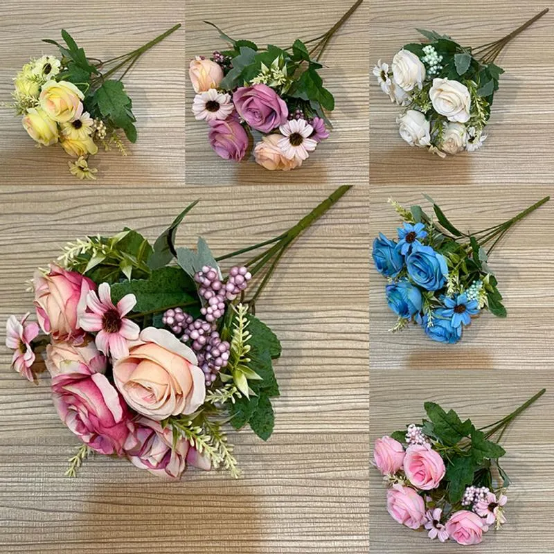 Kwiaty dekoracyjne sztuczny bukiet kwiatowy do dekoracji domowej fałszywa aranżacja 5 róż 4 stokrotki Wysokiej jakości luksusowy jesienna masa