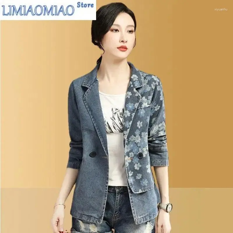 Women's Suits Lady Print Suit Collar Denim Jacket Vintage High-End Small Fragrance Female Blazer Short Top Thin Fashion