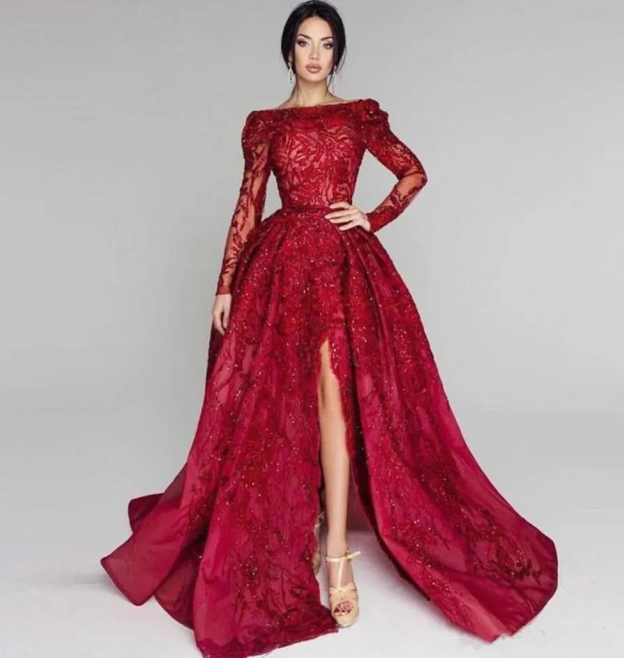 Tony Chaaya 2018 Red Sequins prom -jurken lange mouwen Bateau nekzijde split formele jurk avondkleding sweep trein illusie feest7953418