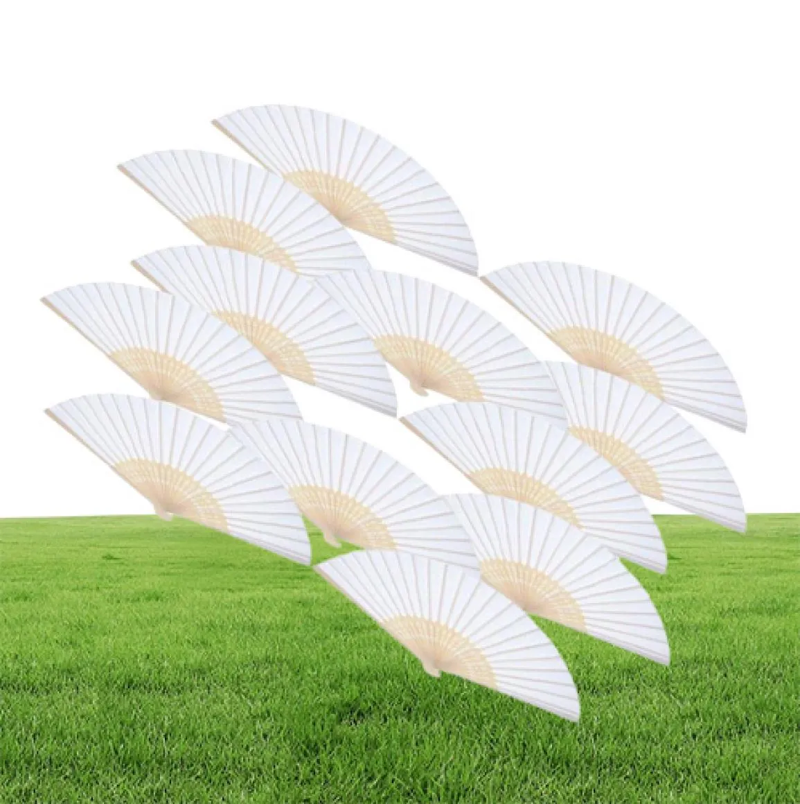 12 packs de fans à main fête Faveur de papier blanc ventilateur en bambou pliant ventilateur plié plié pour le mariage de l'église cadeau7581950