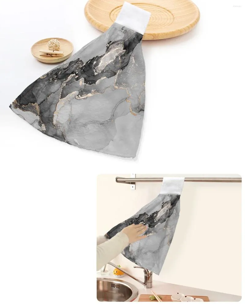 Towel Marble Texture Black Hand Towels Home Kitchen Bathroom Dishcloths With Hanging Loops Quick Dry Soft Absorbent