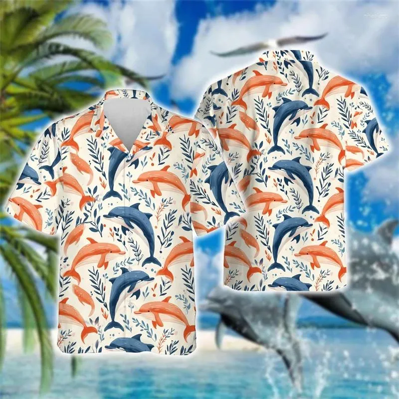 Mäns avslappnade skjortor roliga delfiner 3D -tryck strandskjorta Ocean Animal Graphic For Men Clothes Harajuku Fashion Women Short Sleeve Bluses Tops