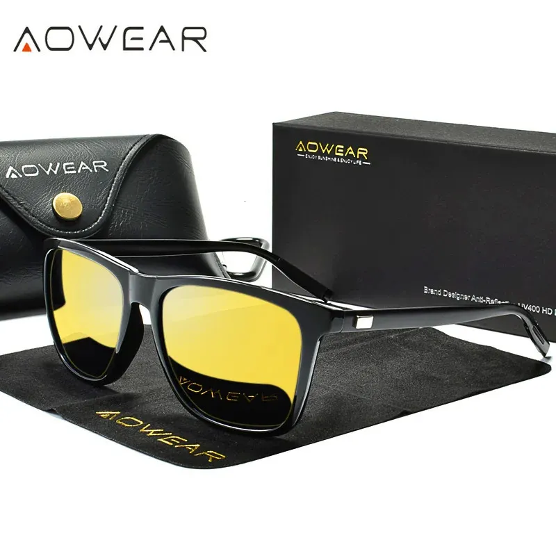 Aowear HD Night Vision Glazen mannen Aluminium gele lens Zonnebril Mannen Gepolariseerd Nachtveilige Rijbil Oculos Gafas de Sol 240410