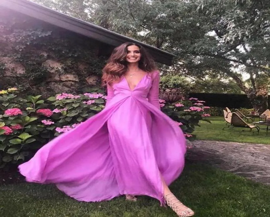 2019 Nouvelle arrivée sexy les robes de soirée formelles partagées plongeant en V couche à manches longues jardin en mousseline de promo
