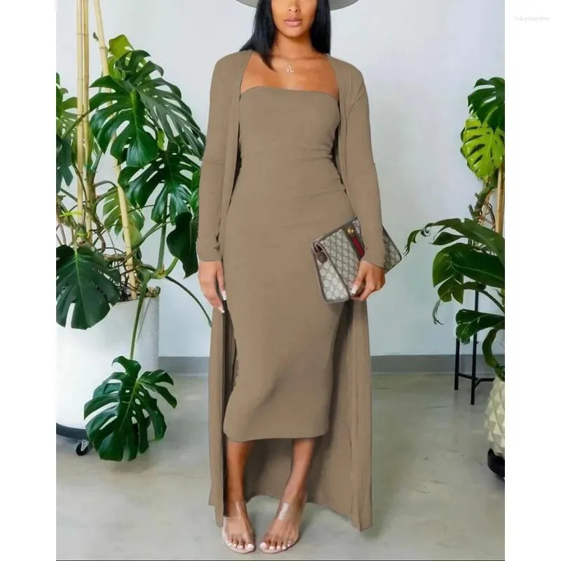 Arbetsklänningar 2024 Kvinnor Solid Tube Corset Midi Long Bodycon Dress Tight With Hleeve Longline Coat Two Piece Set