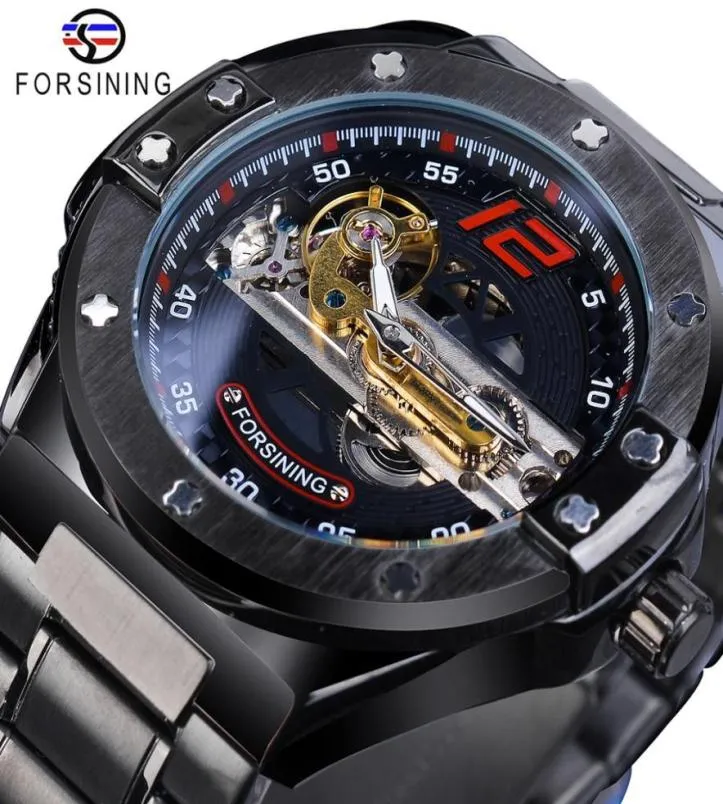 ForSining Transparent Automatic Men Watch Golden Bridge Mechanical Black Rostfritt Steel Band Skeleton Watches Relogio Masculino1373169