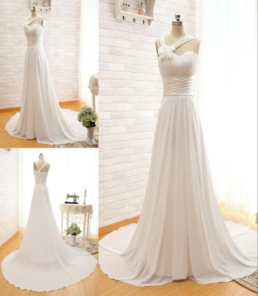 Cheap Customizable Chiffon Wedding Dress Handmade Flower OneShoulder LaceUp Sweep Train Beach Wedding Gown Elegant Bridal Dresse3571692