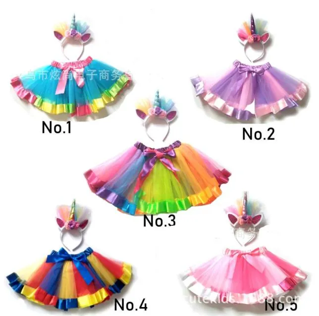 Varejo meninas arco -íris saia tule tutu saias unicorn fita de cabeça de halloween festa de cosplay de Natal, vestido plissado crianças c9051882