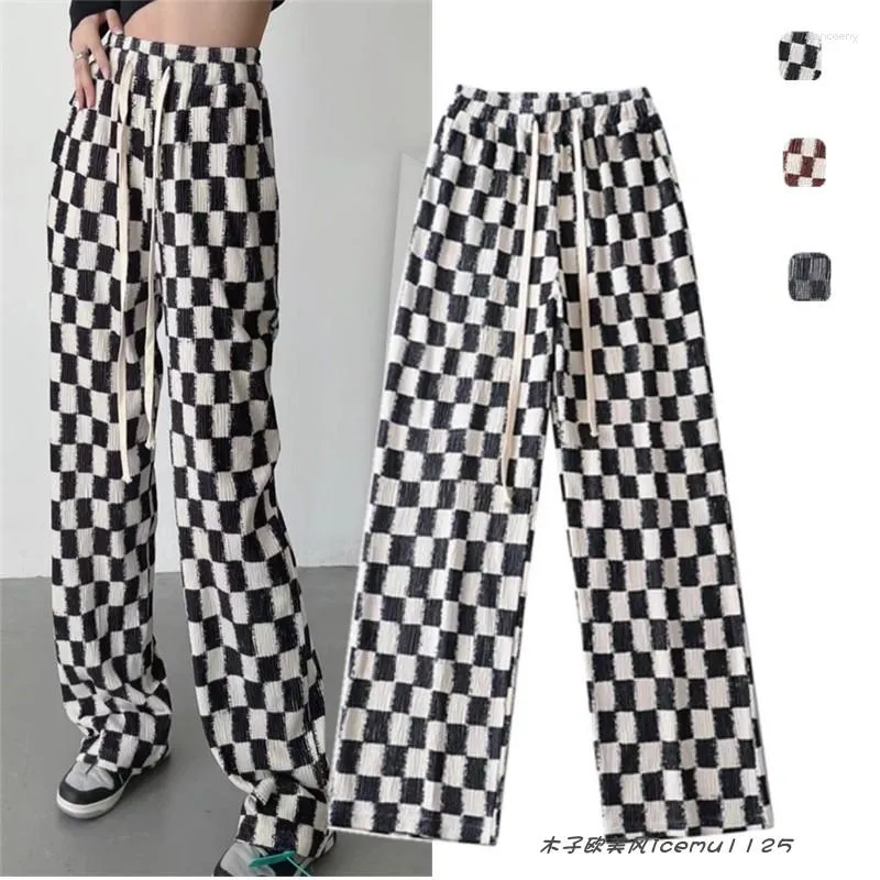 Women's Pants American Retro Black And White Plaid Loose Straight Wide-Leg Elastic Waistband Lace-up Slim Looking High Waist Suede Mop