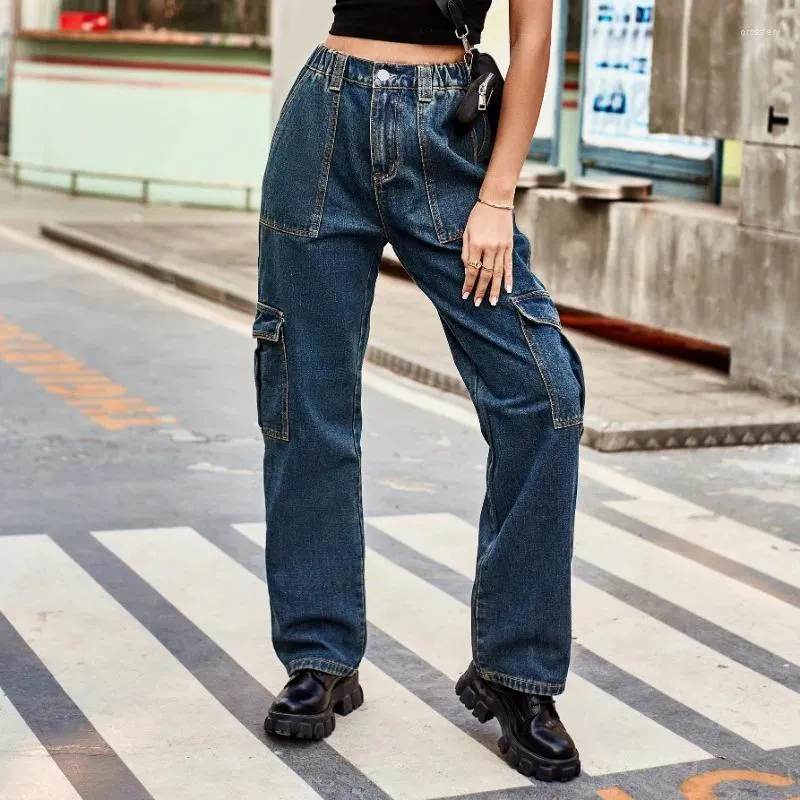 Frauen Jeans Retro gewaschene halb elastische Design personalisierte Denim -Arbeitskleidung für Frauen Solid Pocket Casual Hosen Street Trendsetters