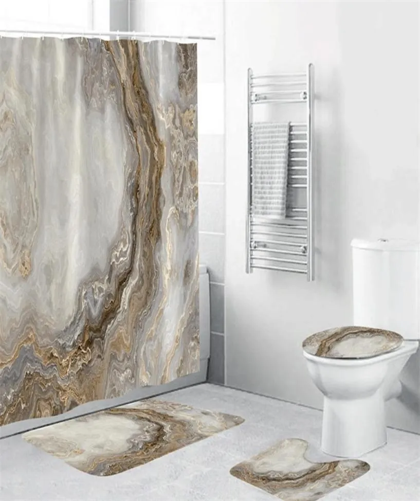 Ensemble de rideaux de douche blanc en marbre avec tapis de tapis de tapis de bain sans glissement rideaux de salle de bain moderne couvercle de couvercle de toilette décoration 2205057529823