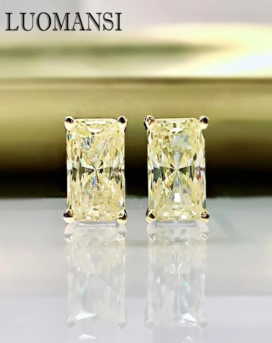 Stud Luomansi 100S925 Sterling Silver Glitterning retângulo branco amarelo Brincos de diamante de alto carbono de alto carbono