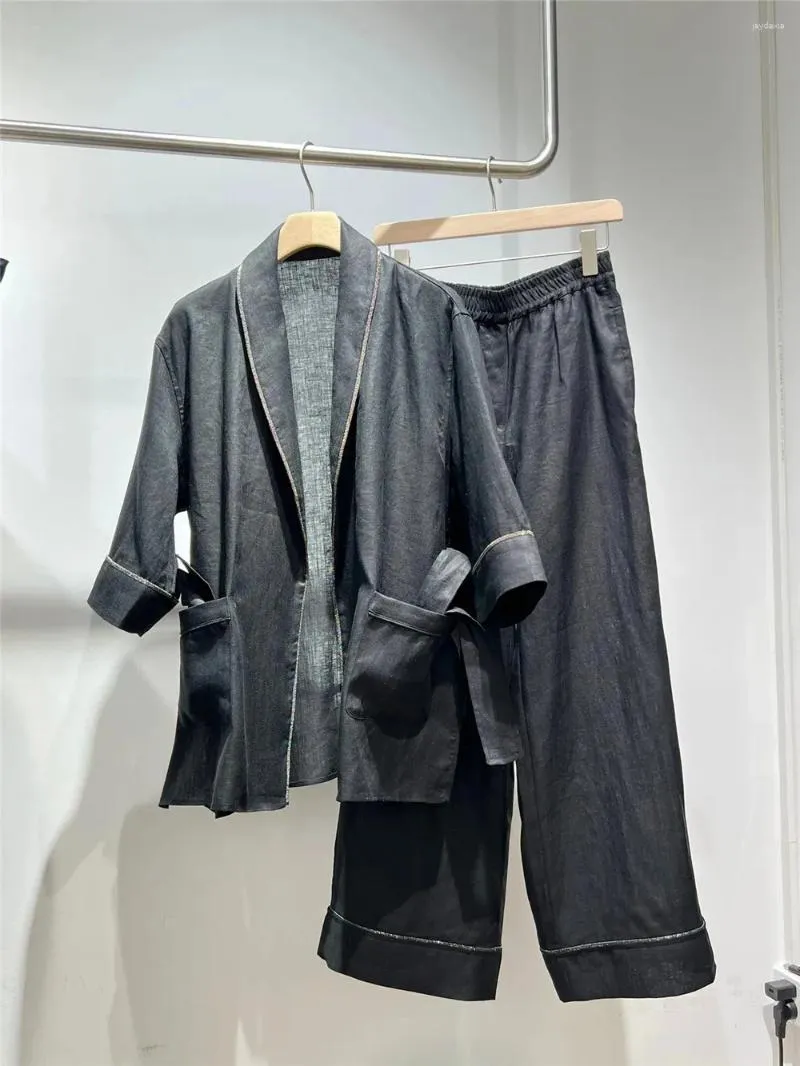 Women's Two Piece Pants High Quality Linen Suit Beading Cardigan Belt Top Waist Trousers 2 Pieces Set