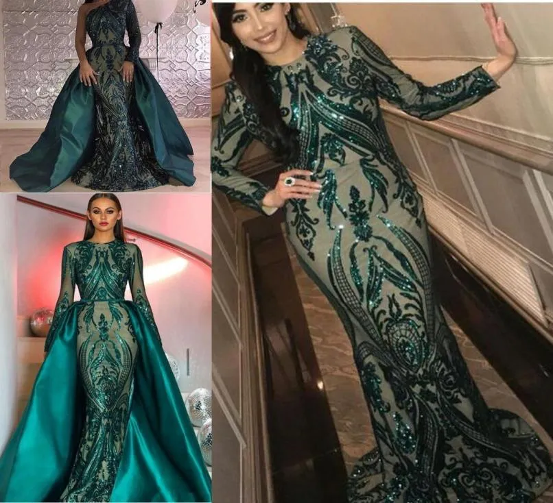 Hunter Green Sequins Prom Robes formelles avec train détachable Train Luxury Jupe gonflée Sirène Kim Kardashian Dubai Arabe Bobe de soirée3813638