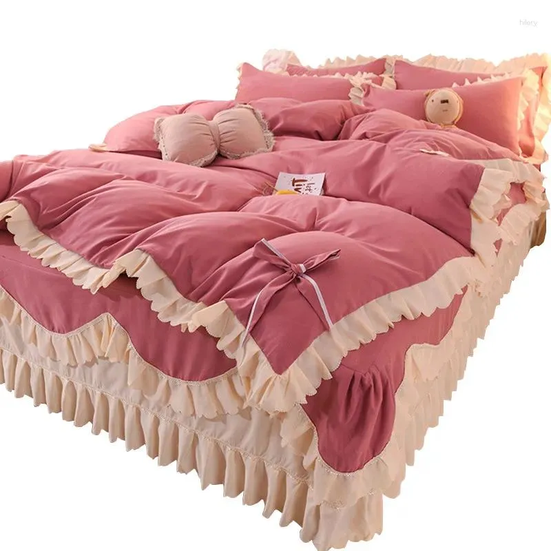 Bedding Sets Korean Style Bunk Bed Skirt Four-Piece Set With Bedspread-Style Cotton Fairy Princess Lace Comforter