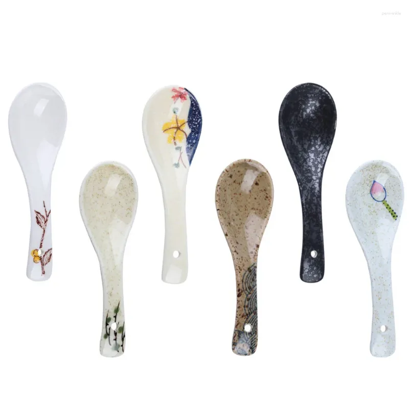 Spoons 6pcs Ceramic Soup Porcelain Chinese Kitchen Tableware Japanese Spoon For Ramen Pho Wonton Silicone